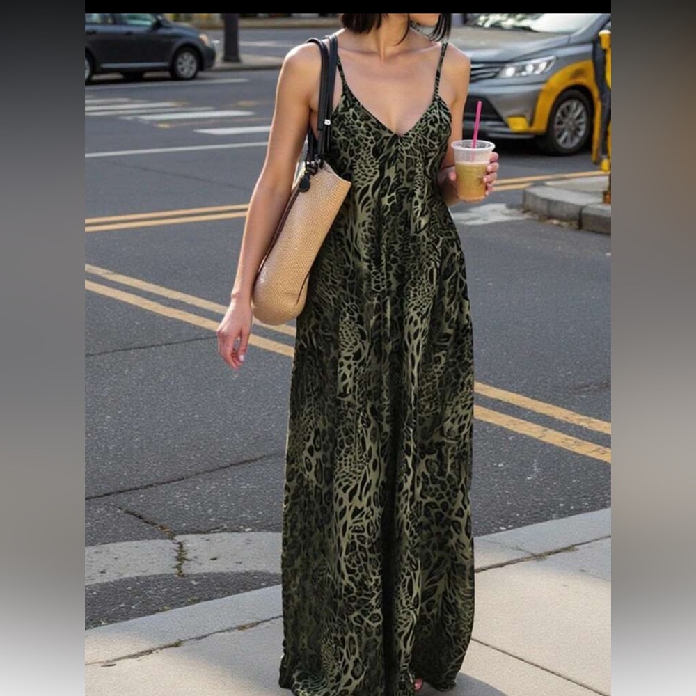 NWOT SHEIN greenish Leopard Print Women's Dress spaghetti strap flattering piece